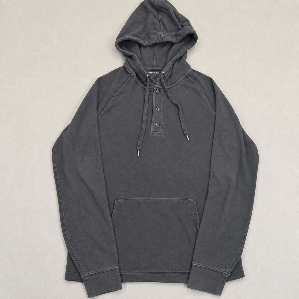American Eagle Henley Hoodie Size S Black Waffle Knit Pullover